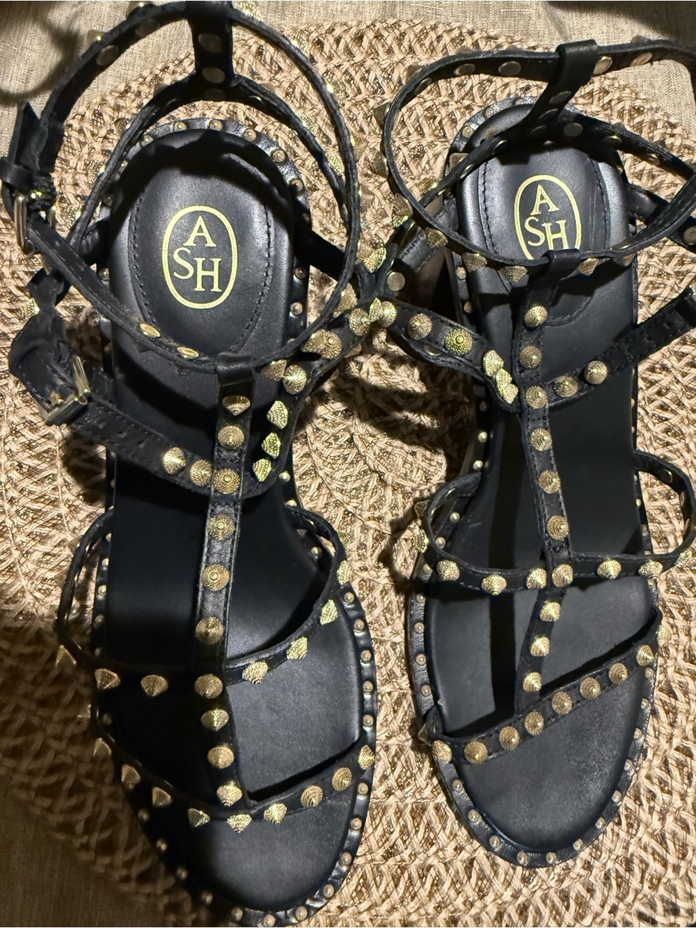 ASH Black Strappy Studded Sandals with Gold Studs